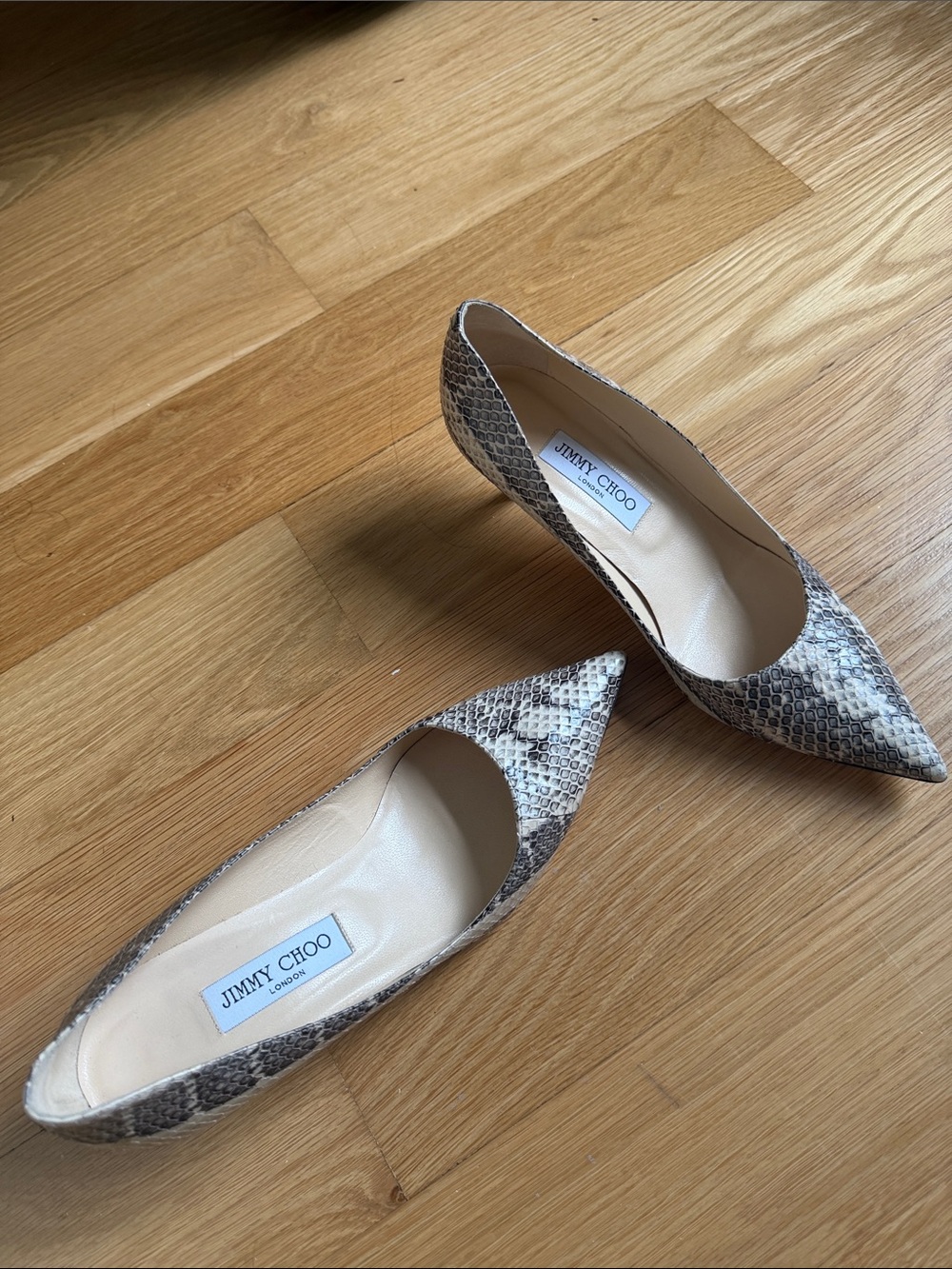 Jimmy Choo Taupe Snake-Print Pointed Toe Pumps